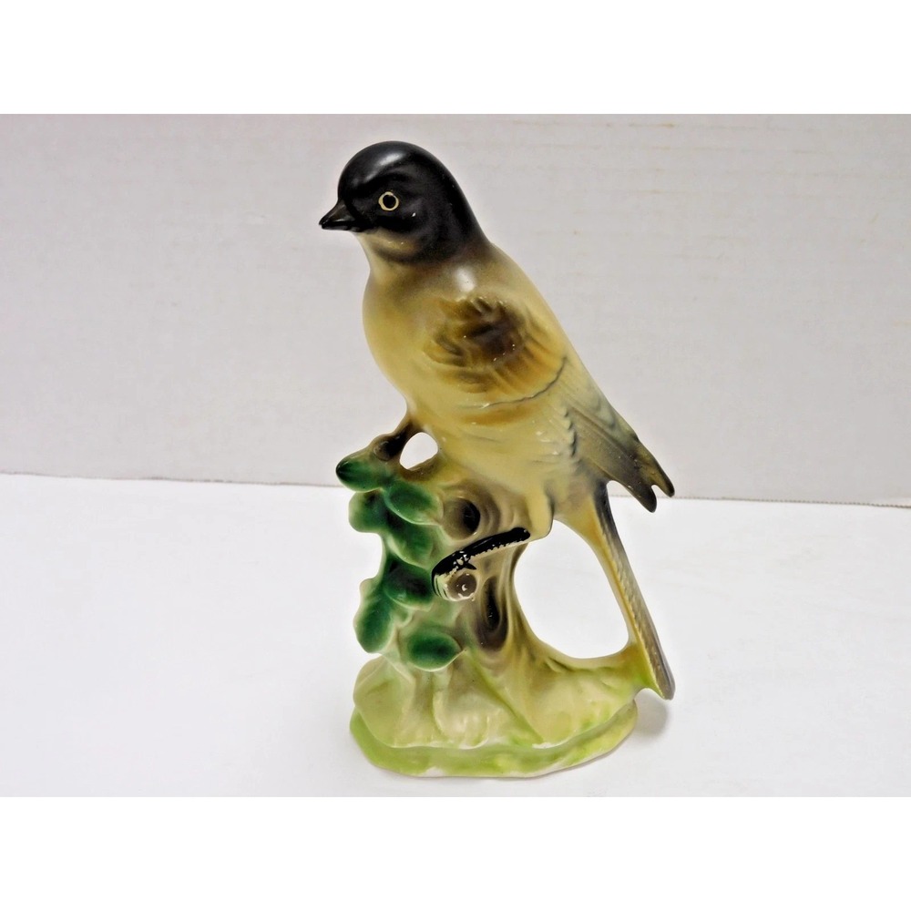 Vintage Ceramic Bird Figurine Perched on Tree Stump Glossy Songbird JC509